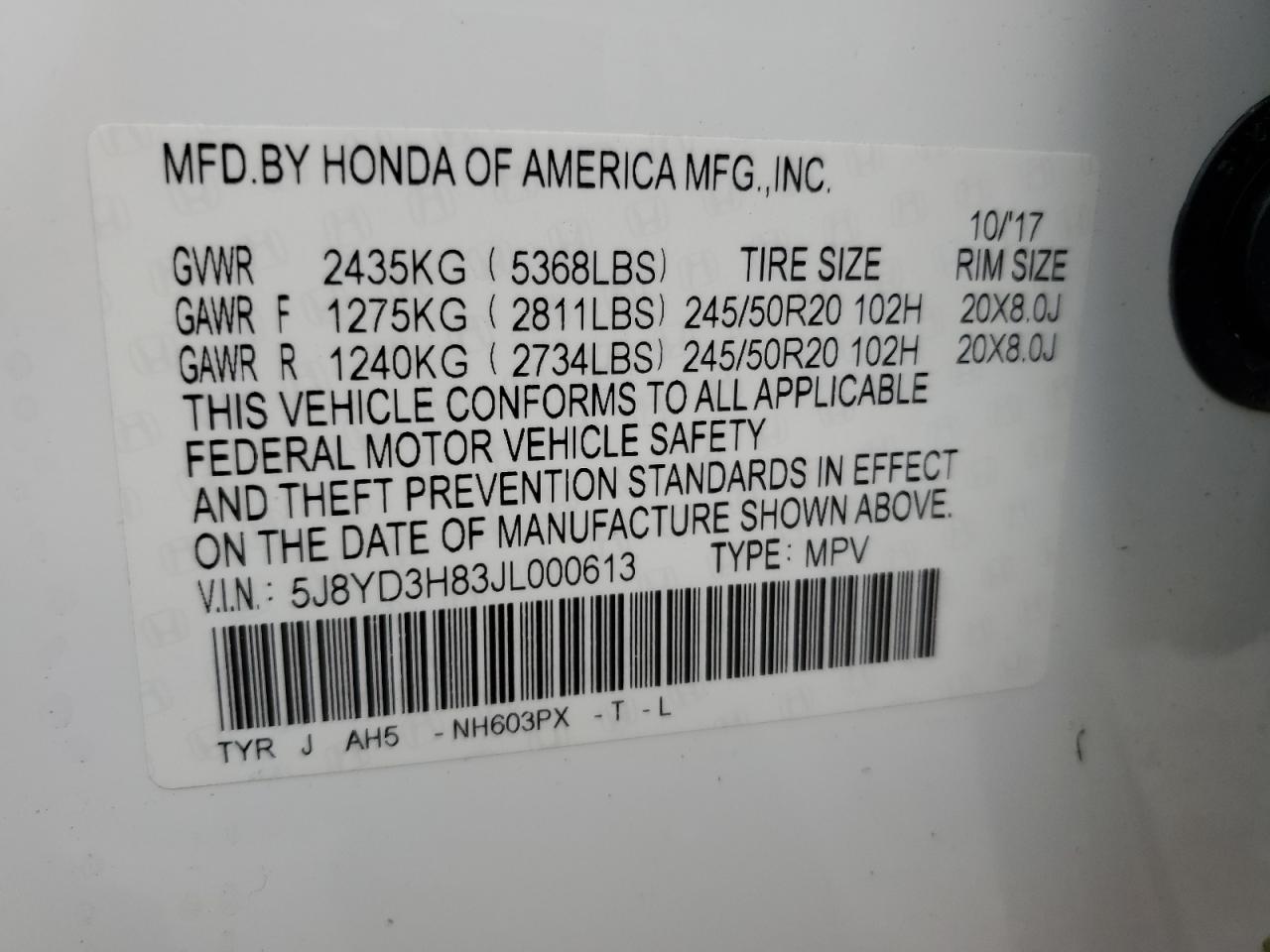 VIN 5J8YD3H83JL000613 2018 ACURA MDX no.14