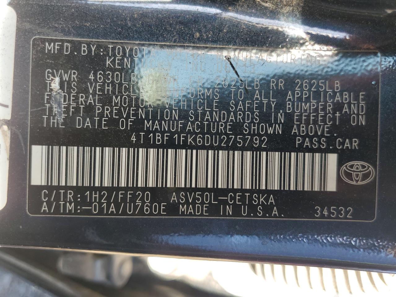 VIN 4T1BF1FK6DU275792 2013 TOYOTA CAMRY no.13