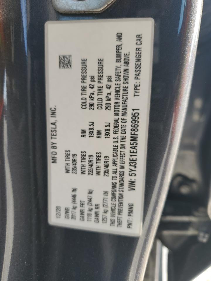 2021 Tesla Model 3 VIN: 5YJ3E1EA5MF869951 Lot: 76726274