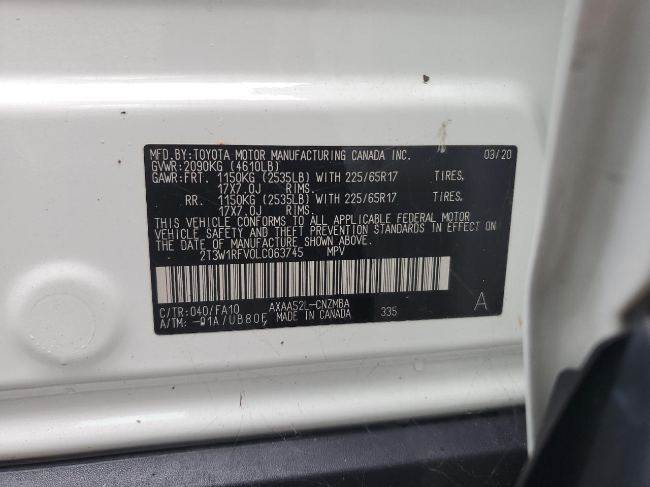 2T3W1RFV0LC063745 2020 Toyota Rav4 Xle