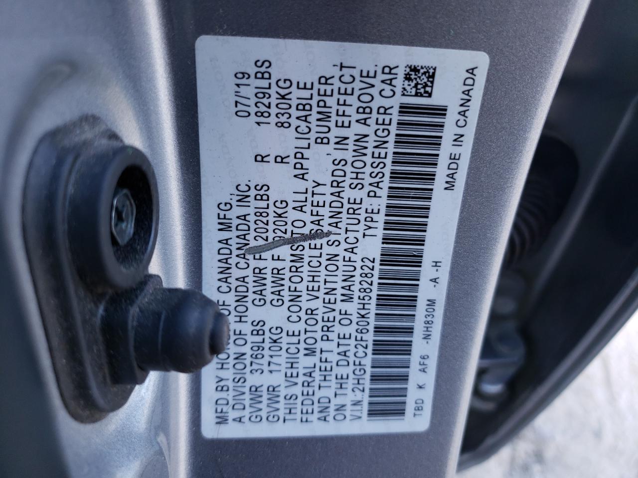 2HGFC2F60KH582822 2019 Honda Civic Lx