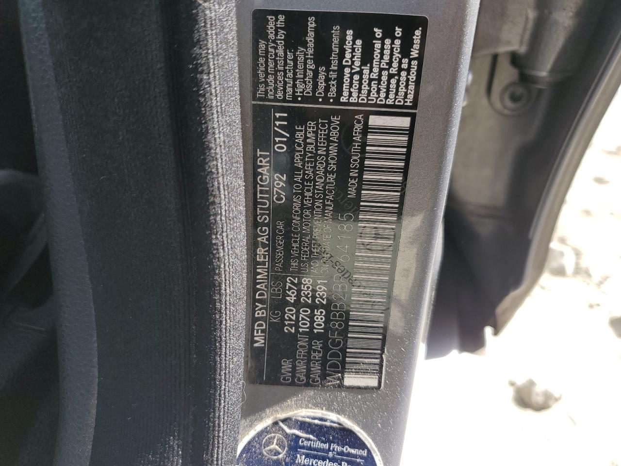 2011 Mercedes-Benz C 300 4Matic VIN: WDDGF8BB2BR164185 Lot: 74190404