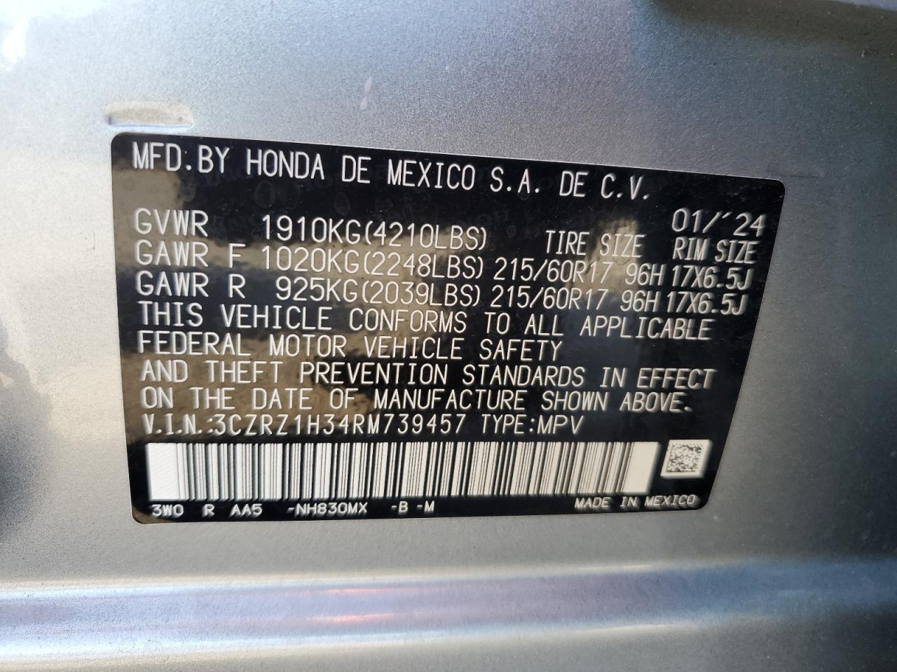 3CZRZ1H34RM739457 2024 Honda Hr-V Lx