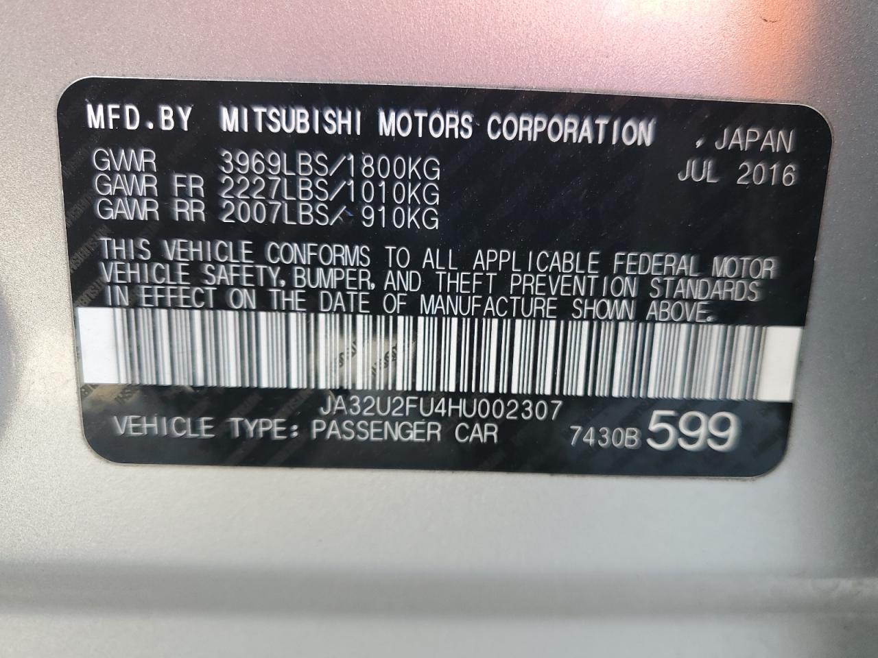 JA32U2FU4HU002307 2017 Mitsubishi Lancer Es