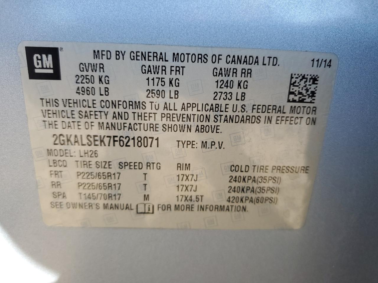 2GKALSEK7F6218071 2015 GMC Terrain Slt