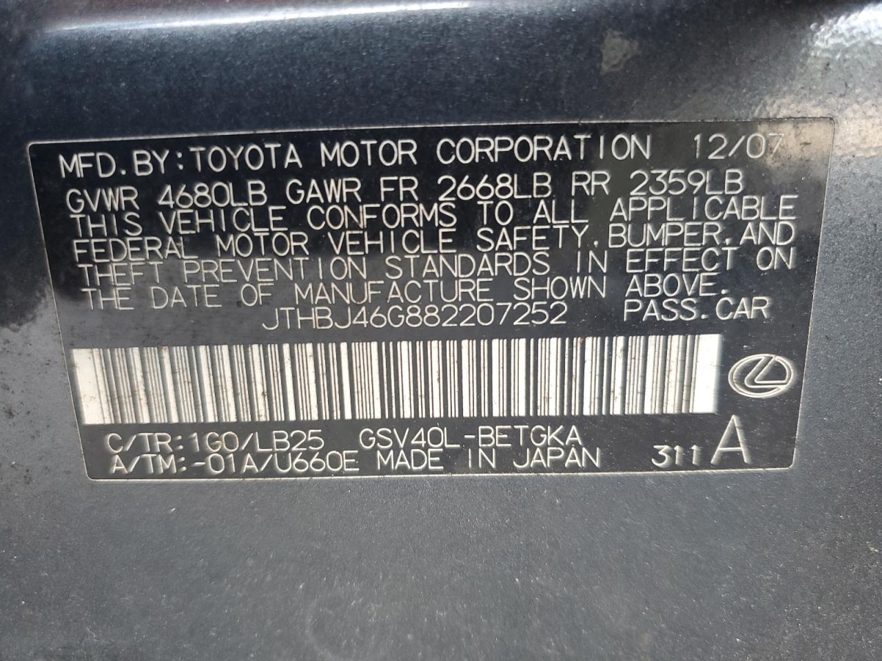 JTHBJ46G882207252 2008 Lexus Es 350