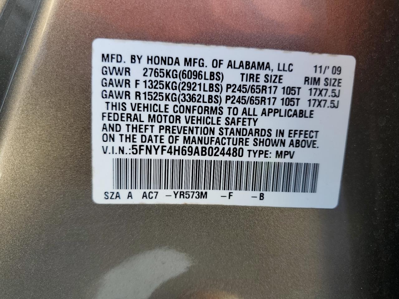 5FNYF4H69AB024480 2010 Honda Pilot Exl