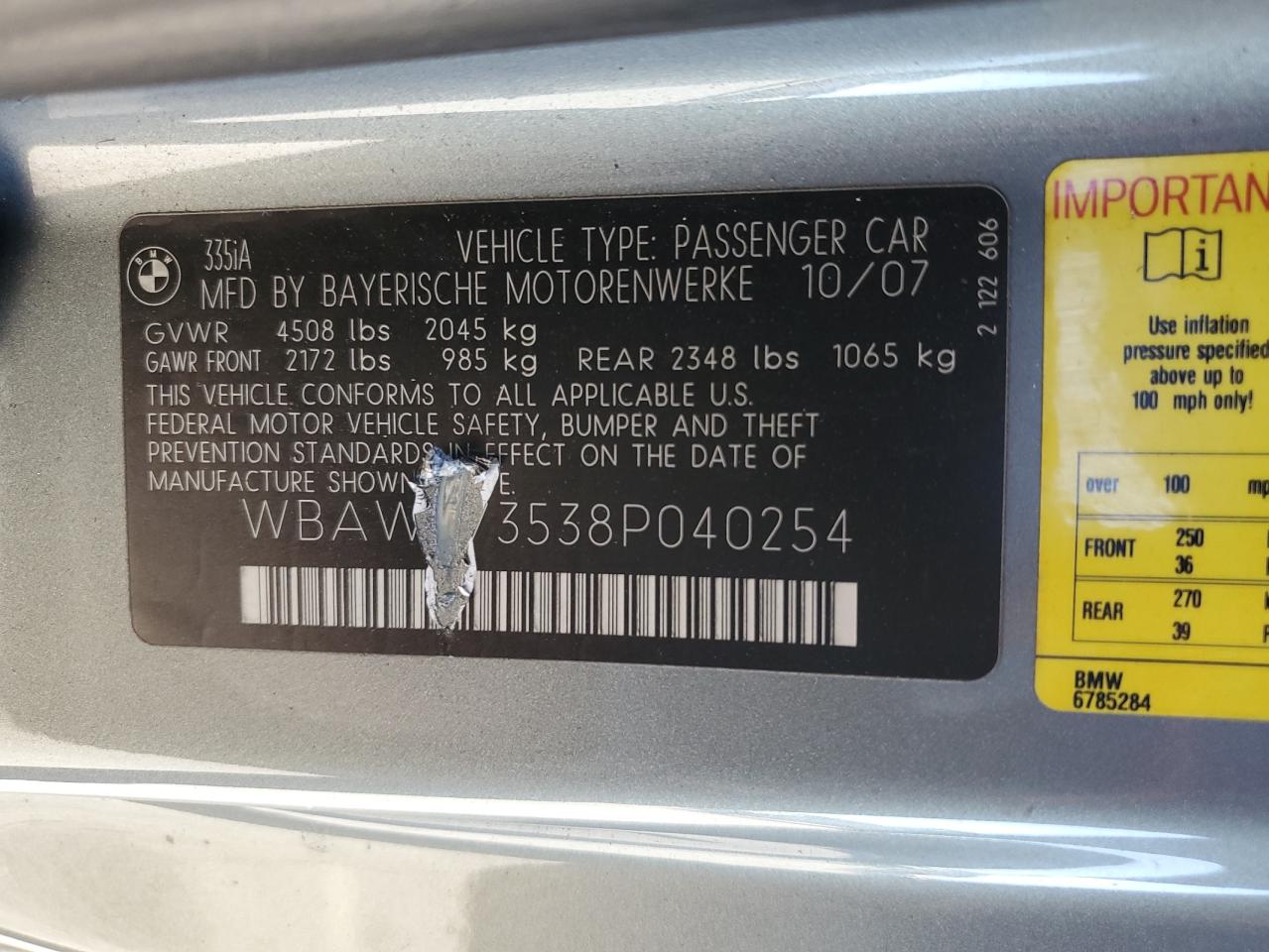 2008 BMW 335 I VIN: WBAWB73538P040254 Lot: 75080104