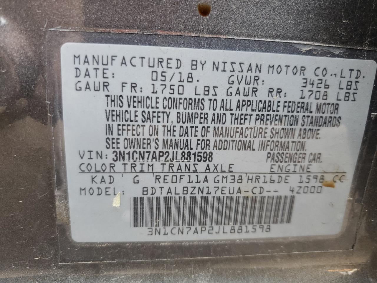 3N1CN7AP2JL881598 NISSAN VERSA 2018