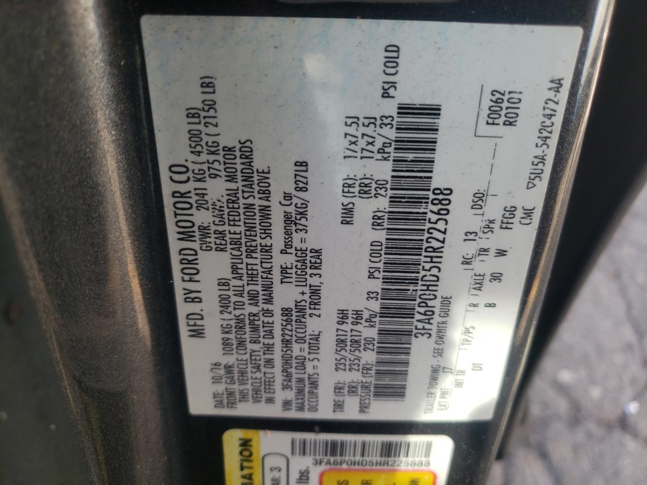 3FA6P0HD5HR225688 FORD FUSION 2017