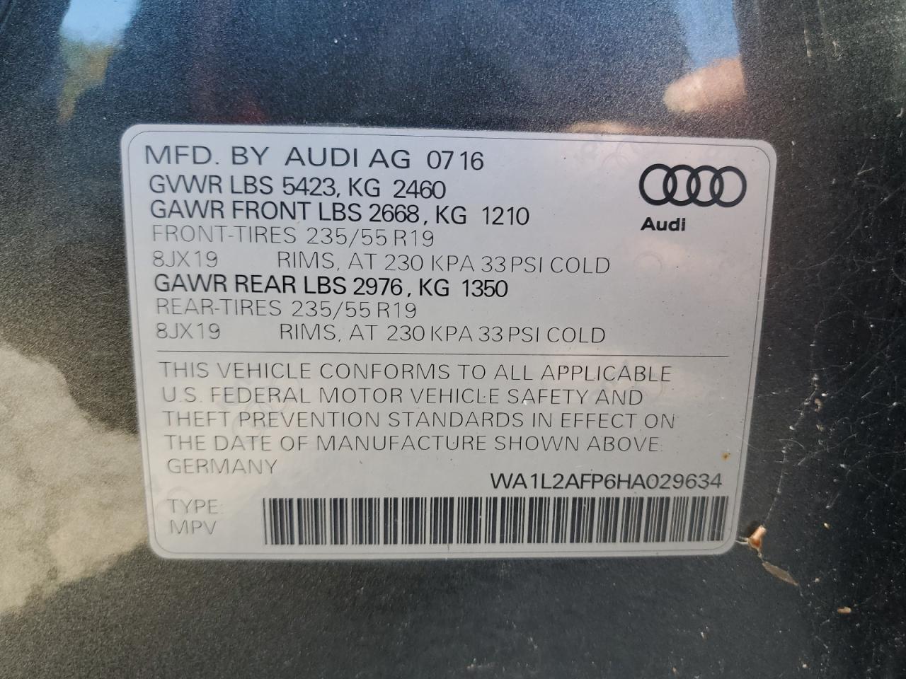 2017 Audi Q5 Premium Plus VIN: WA1L2AFP6HA029634 Lot: 76248954