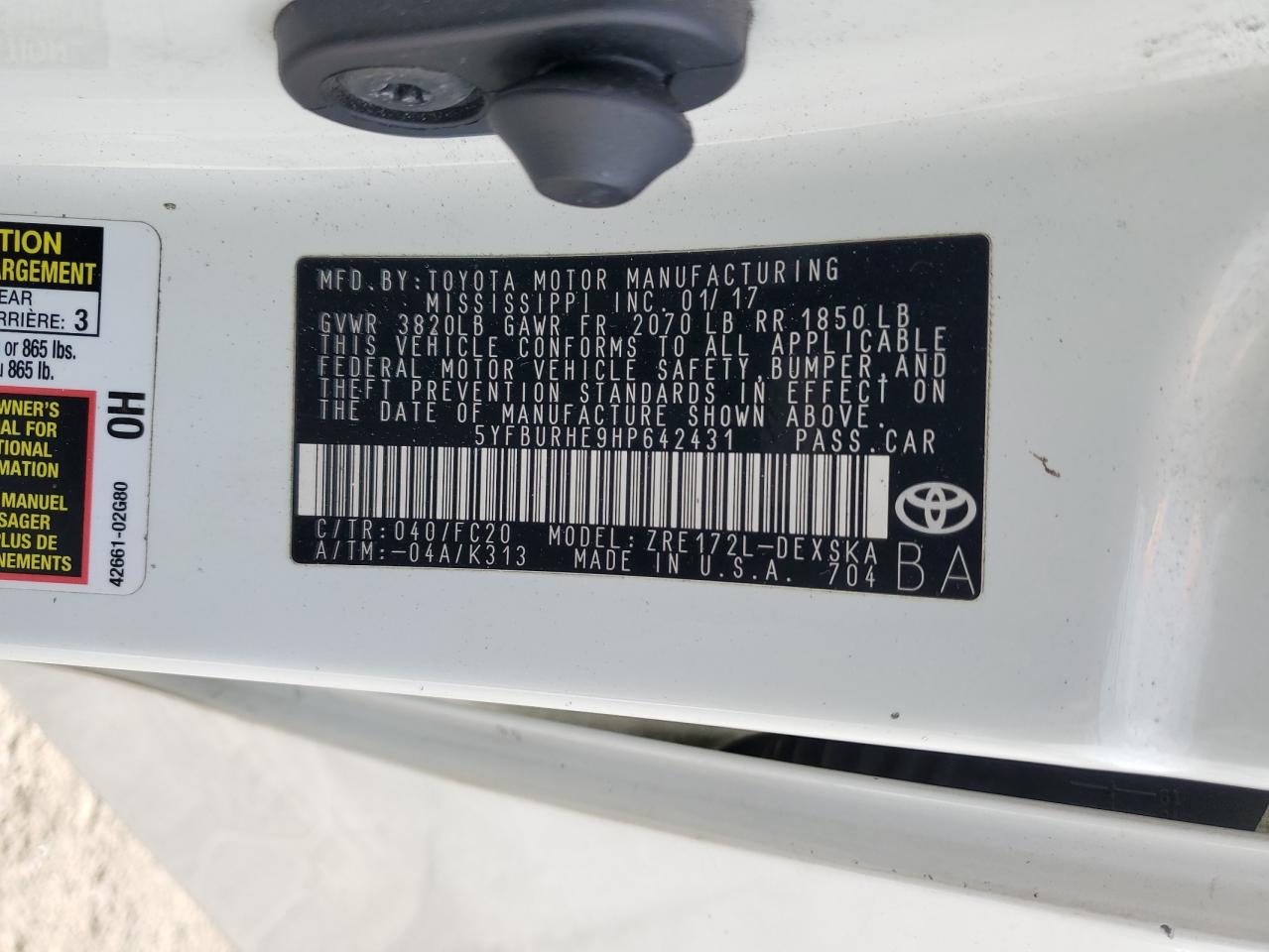 VIN 5YFBURHE9HP642431 2017 TOYOTA COROLLA no.13