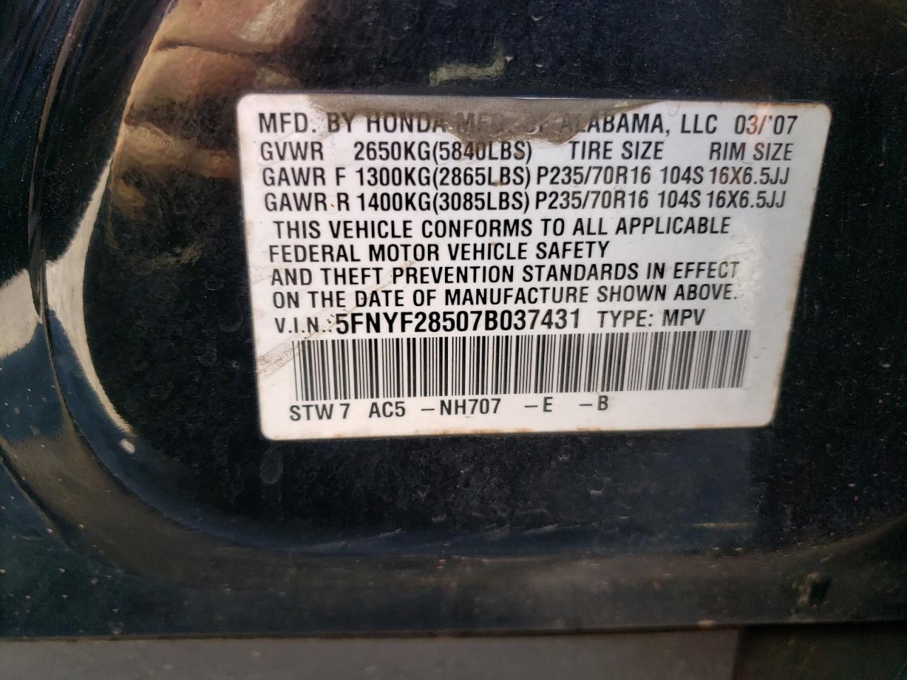 2007 Honda Pilot Exl VIN: 5FNYF28507B037431 Lot: 76374094