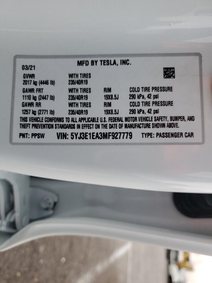 5YJ3E1EA3MF927779 2021 Tesla Model 3