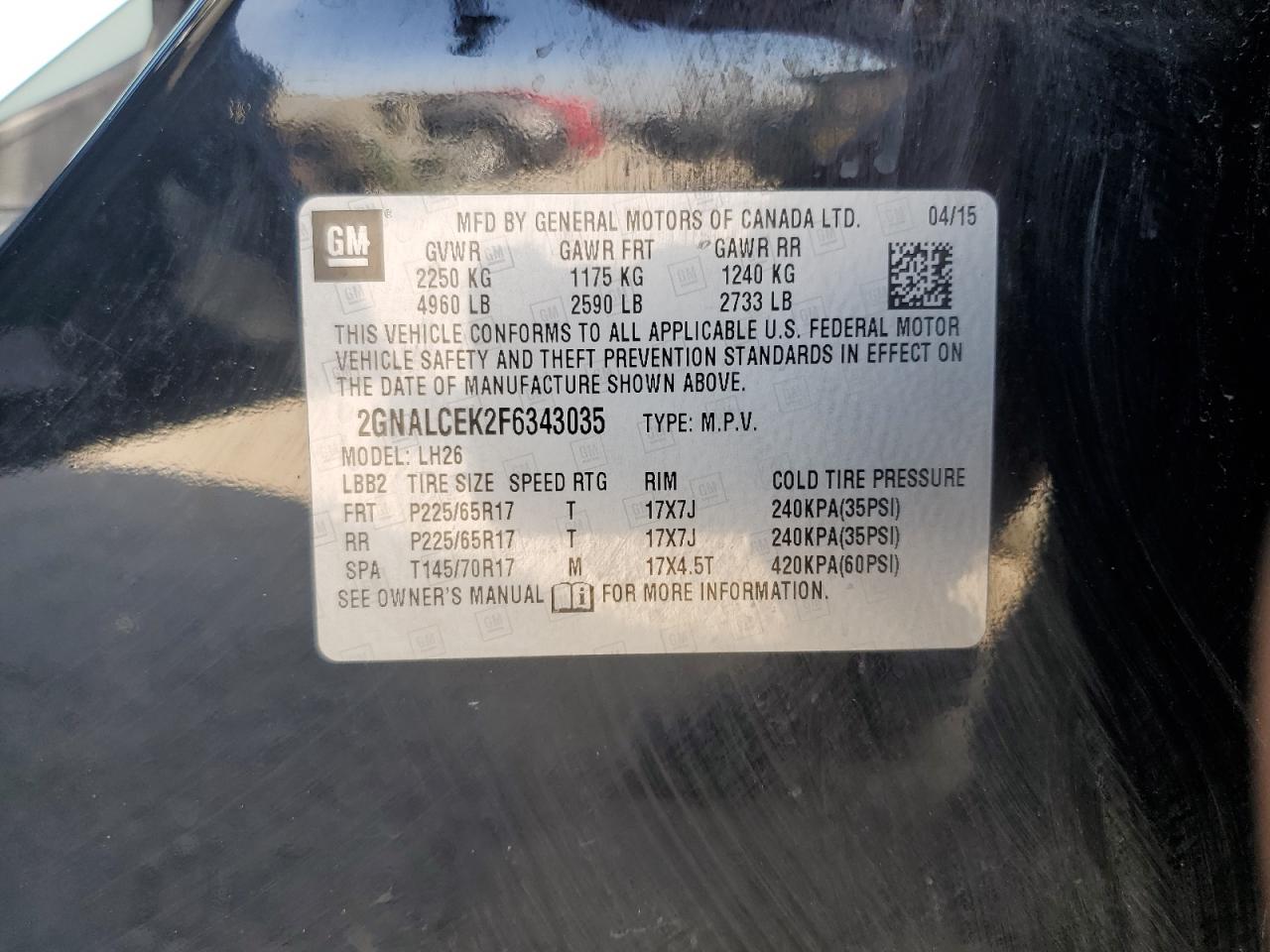 2GNALCEK2F6343035 2015 Chevrolet Equinox Lt