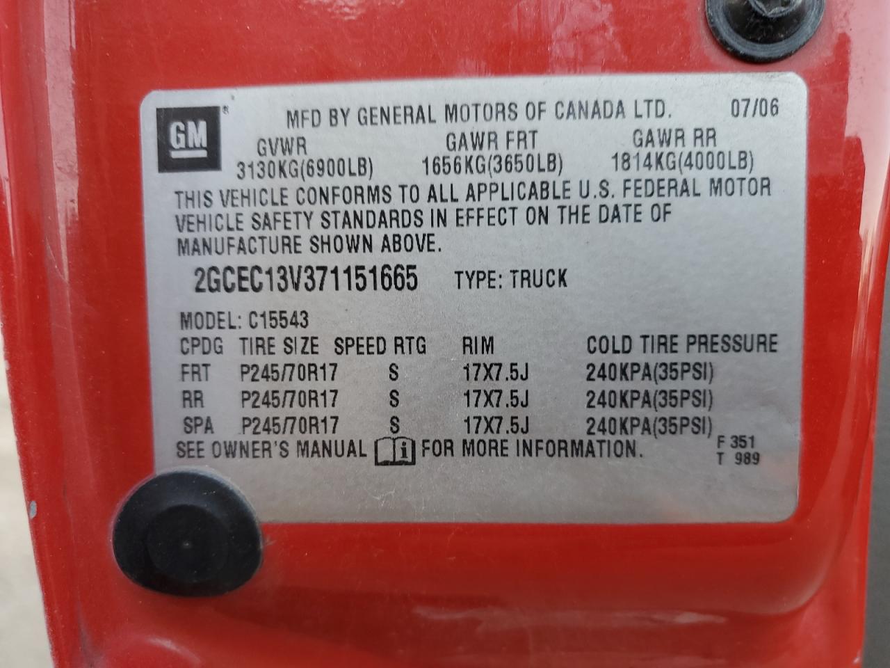 2007 Chevrolet Silverado C1500 Classic Crew Cab VIN: 2GCEC13V371151665 Lot: 77780654