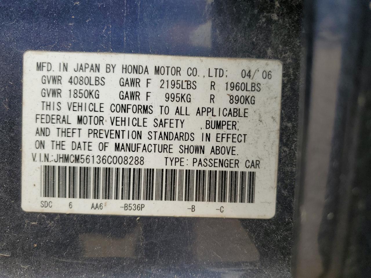 JHMCM56136C008288 2006 Honda Accord Value