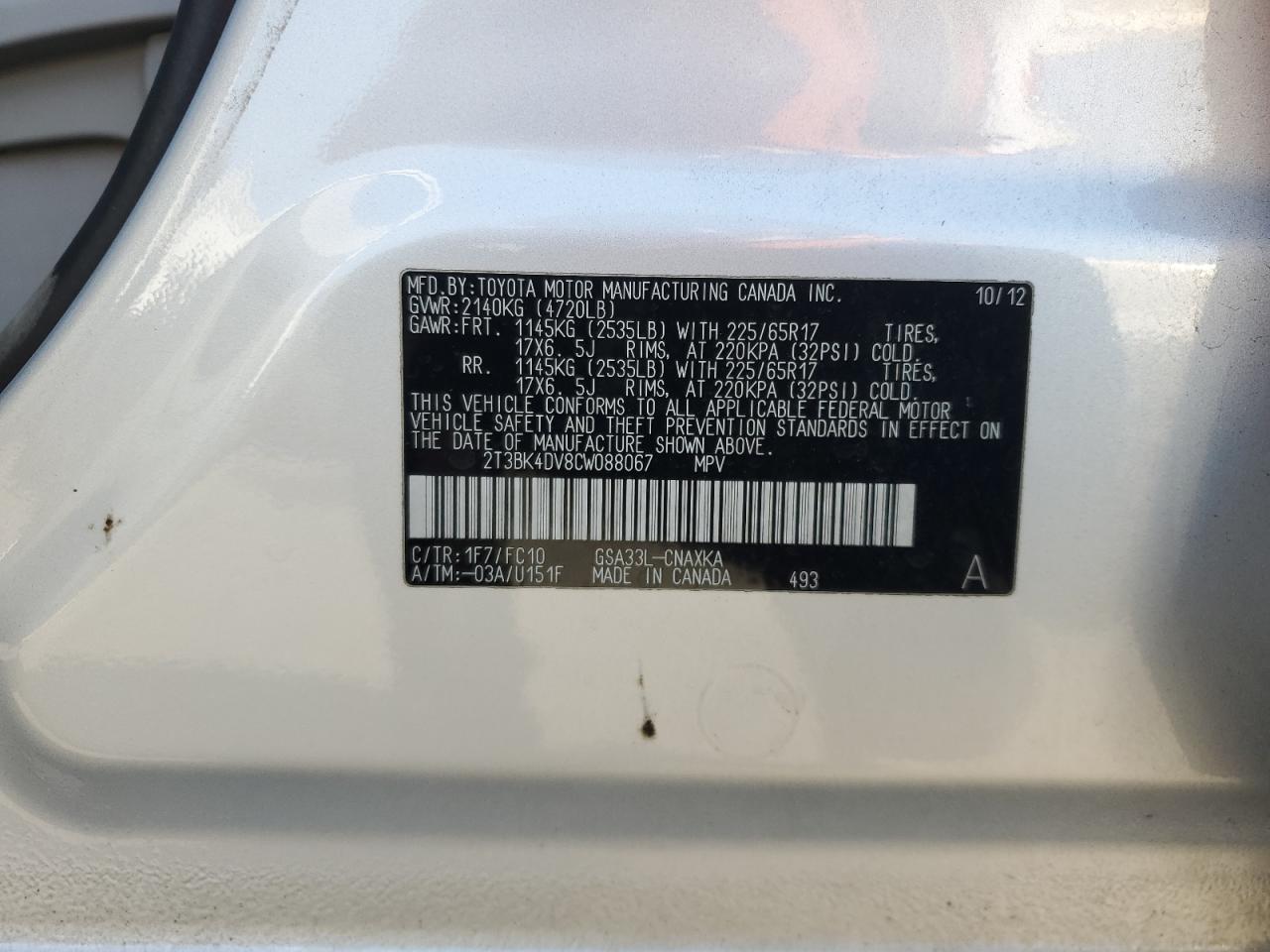 2T3BK4DV8CW088067 2012 Toyota Rav4