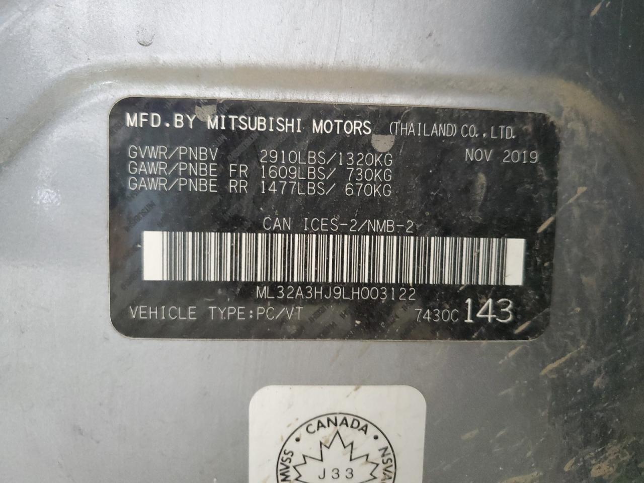 2020 Mitsubishi Mirage Es VIN: ML32A3HJ9LH003122 Lot: 73477584