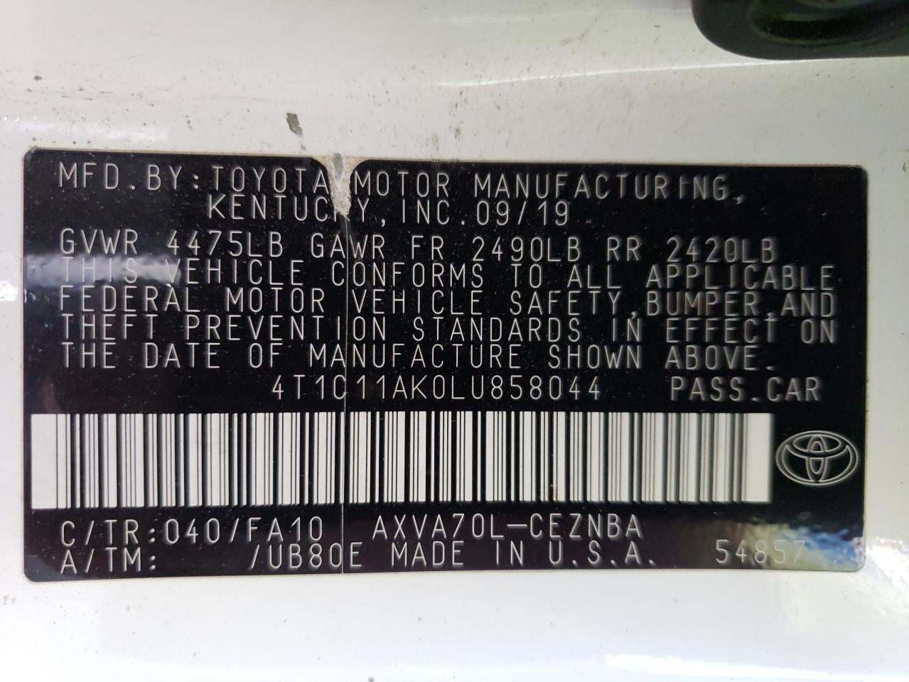 4T1C11AK0LU858044 2020 Toyota Camry Le