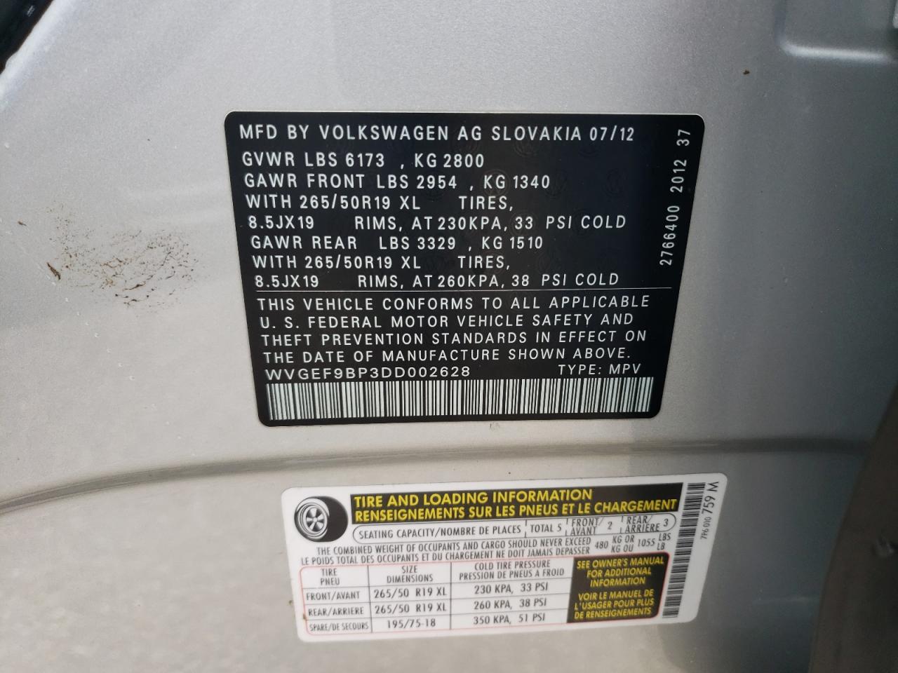 WVGEF9BP3DD002628 2013 Volkswagen Touareg V6