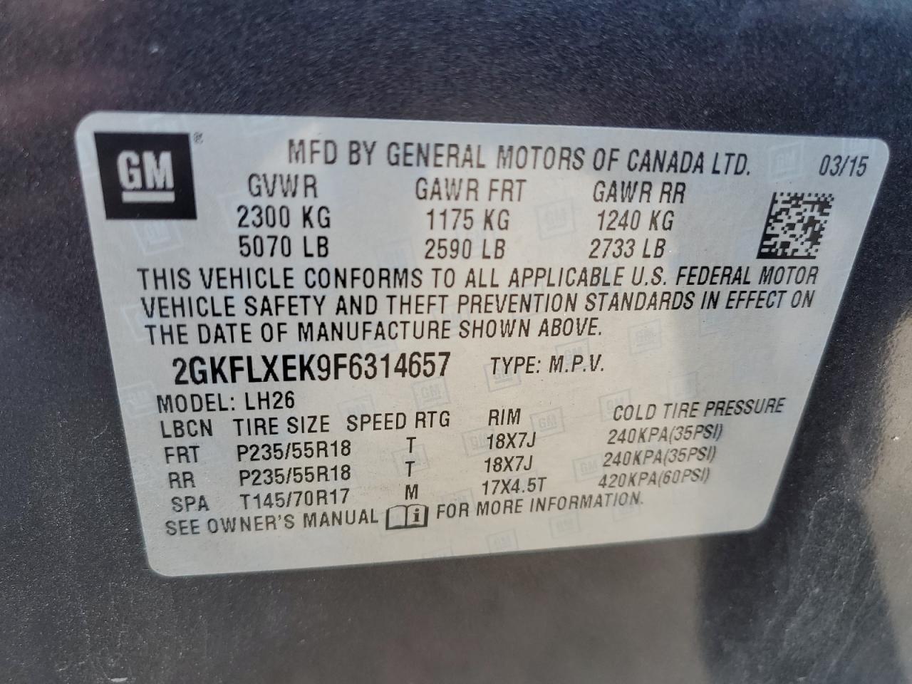 2GKFLXEK9F6314657 2015 GMC Terrain Slt