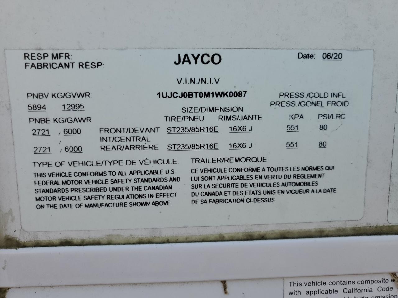 2021 Jayco Eagle 317 VIN: 1UJCJ0BT0M1WK0087 Lot: 77228374