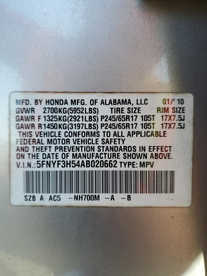 5FNYF3H54AB020662 2010 Honda Pilot Exl