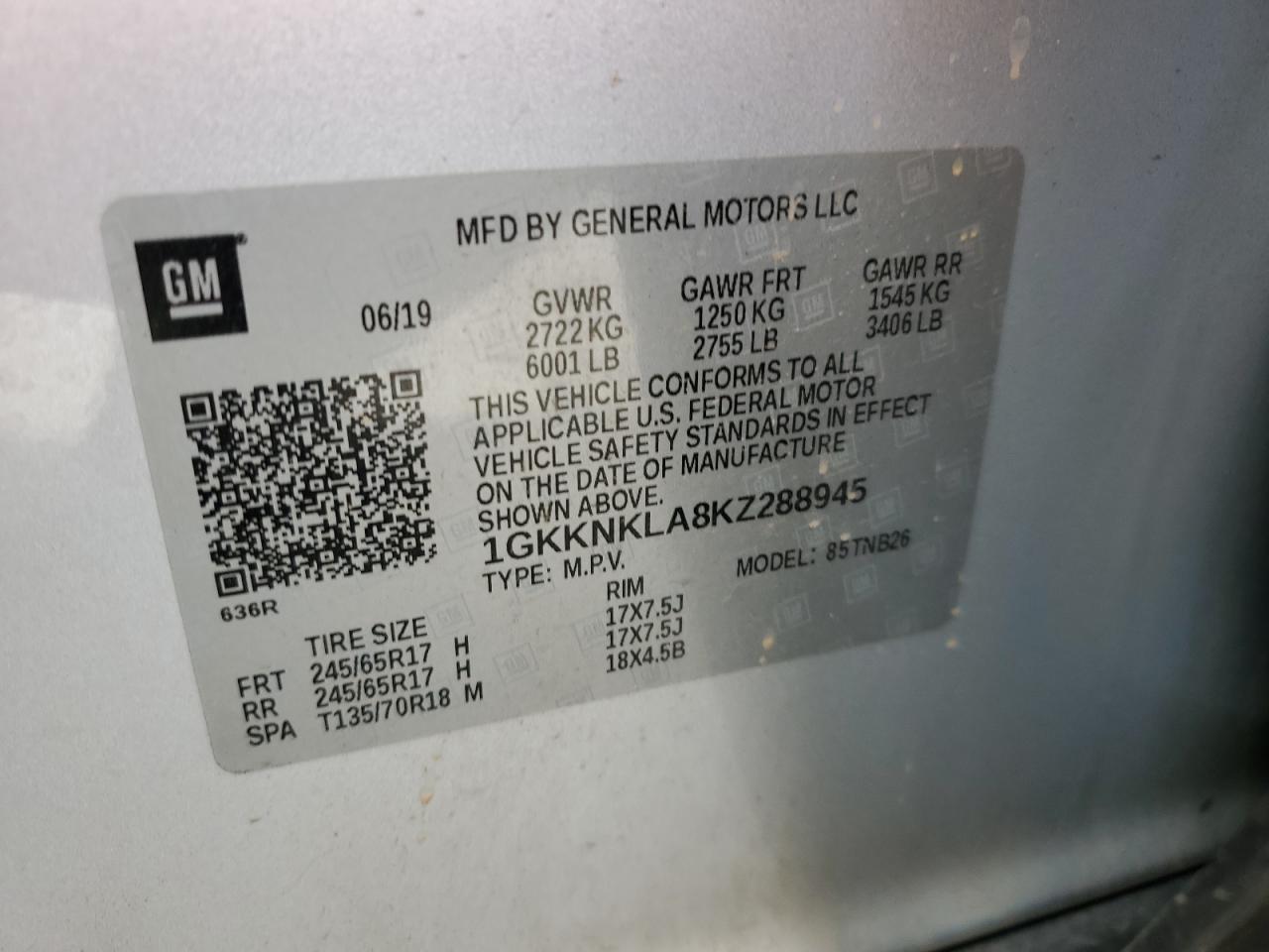 VIN 1GKKNKLA8KZ288945 2019 GMC ACADIA no.13