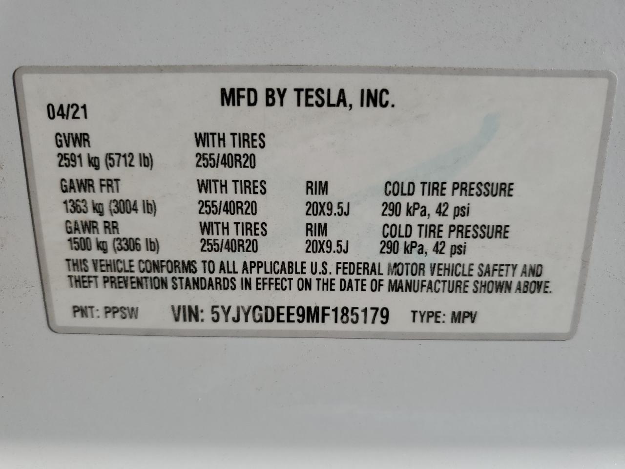 5YJYGDEE9MF185179 2021 Tesla Model Y