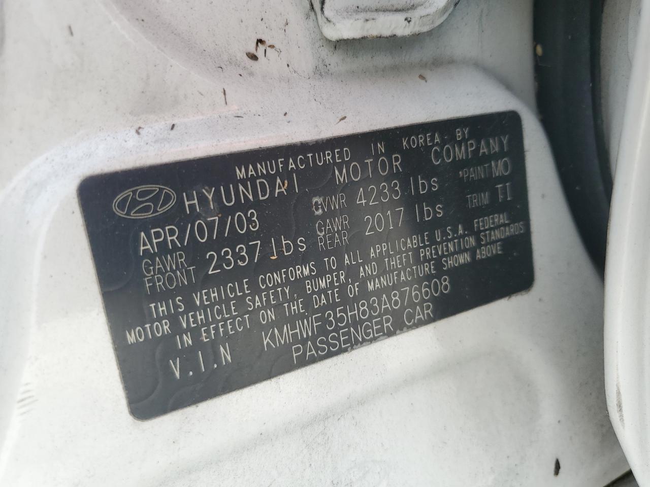 KMHWF35H83A876608 2003 Hyundai Sonata Gls