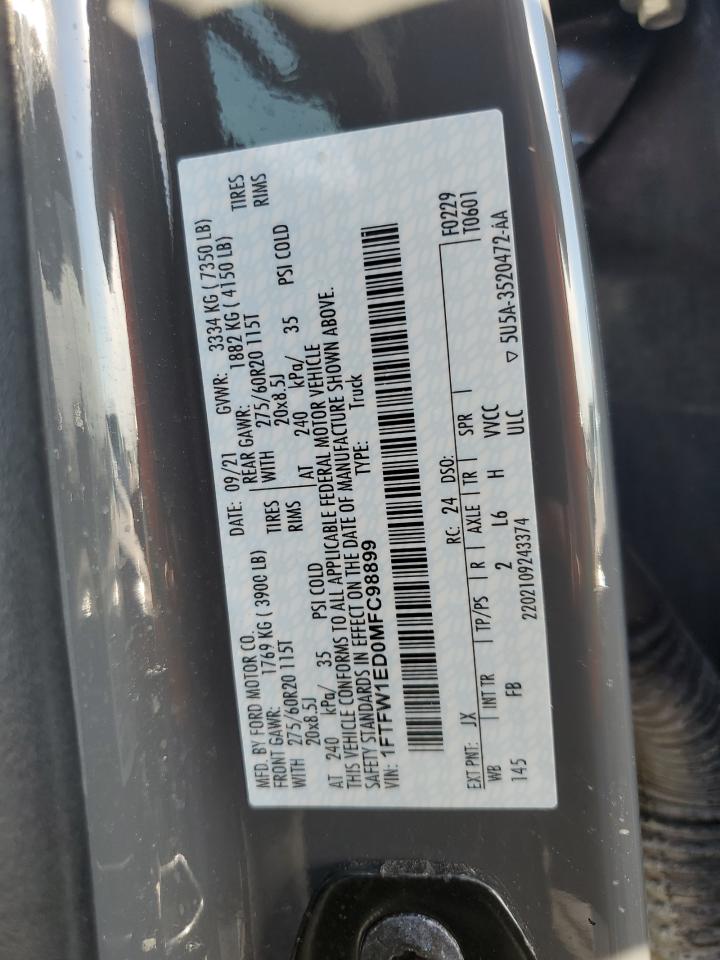 2021 Ford F150 Supercrew VIN: 1FTFW1ED0MFC98899 Lot: 75851944