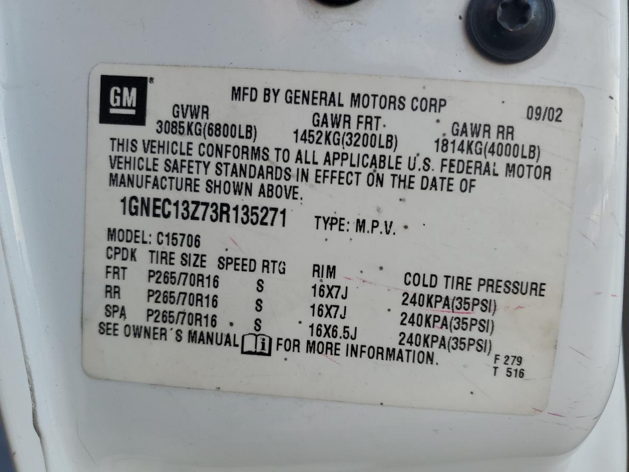 2003 Chevrolet Tahoe C1500 VIN: 1GNEC13Z73R135271 Lot: 75488994