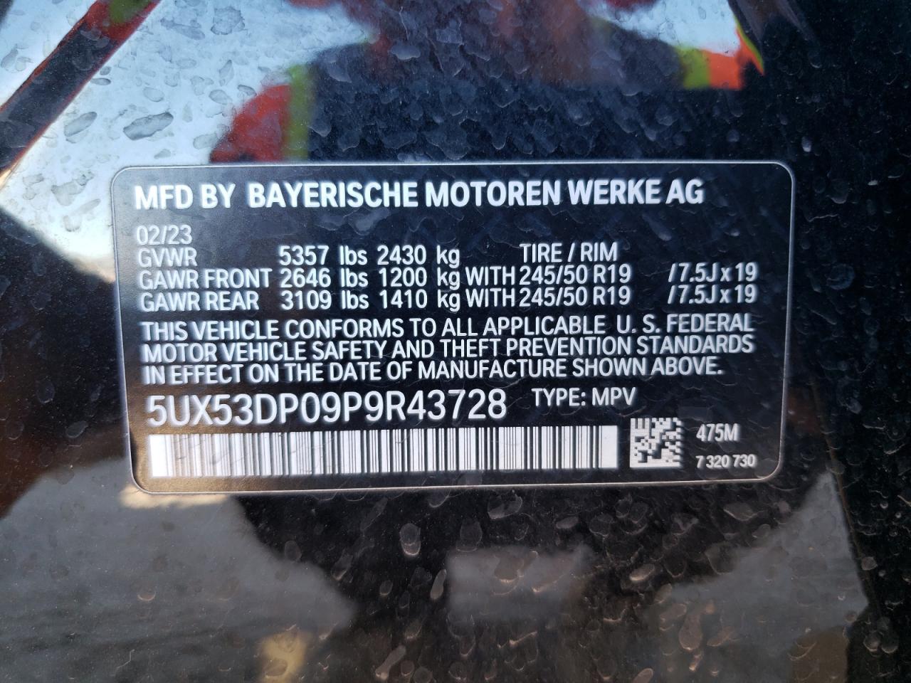 2023 BMW X3 xDrive30I VIN: 5UX53DP09P9R43728 Lot: 76969794