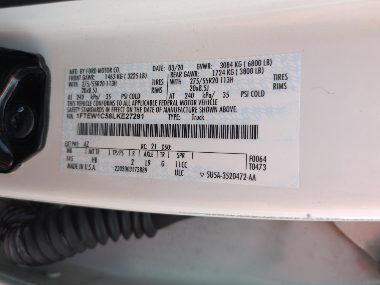 2020 Ford F150 Supercrew VIN: 1FTEW1C58LKE27291 Lot: 73867454