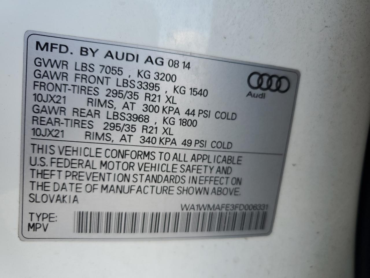 VIN WA1WMAFE3FD006331 2015 AUDI Q7 no.13