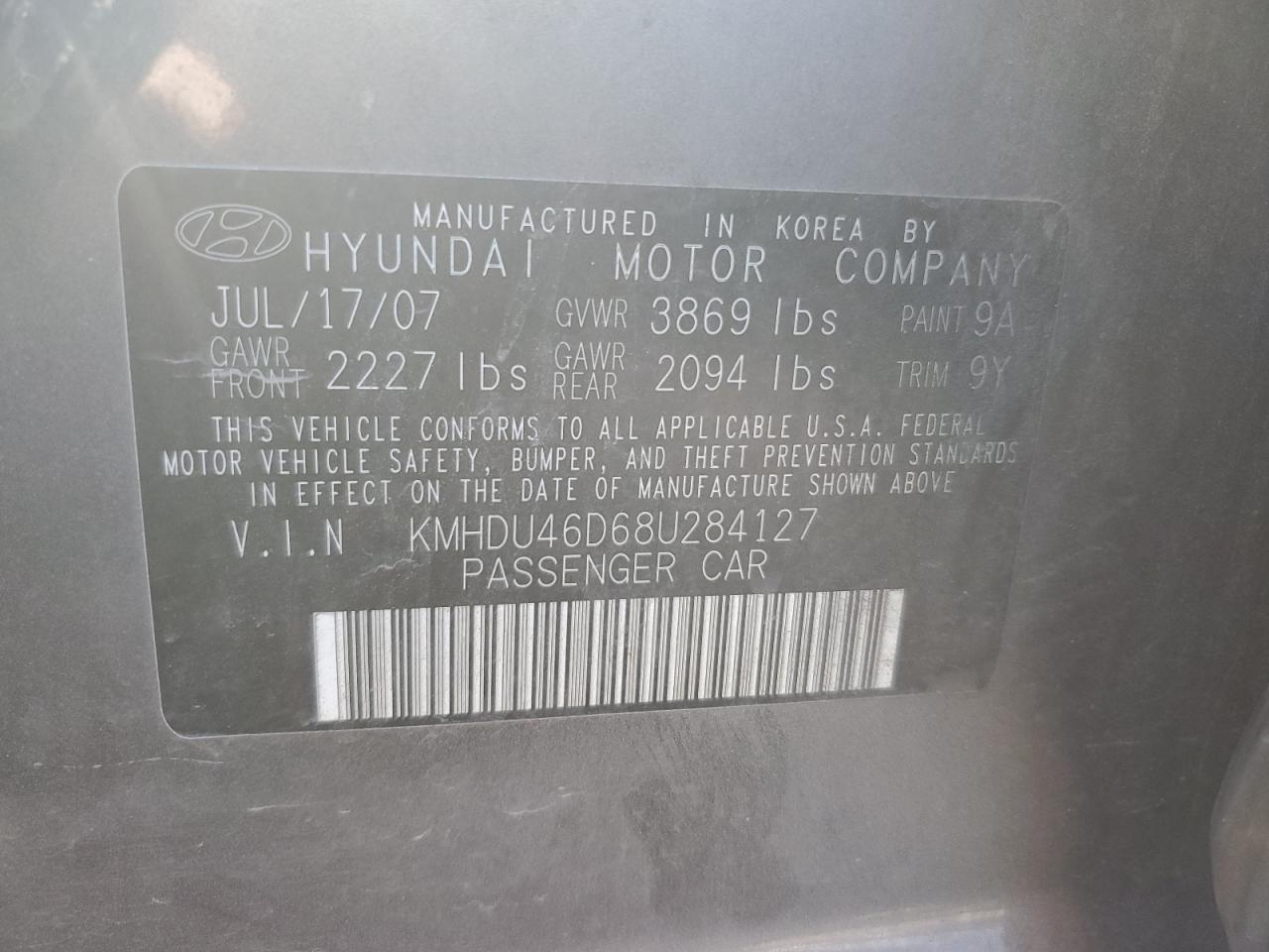 2008 Hyundai Elantra Gls VIN: KMHDU46D68U284127 Lot: 77436904