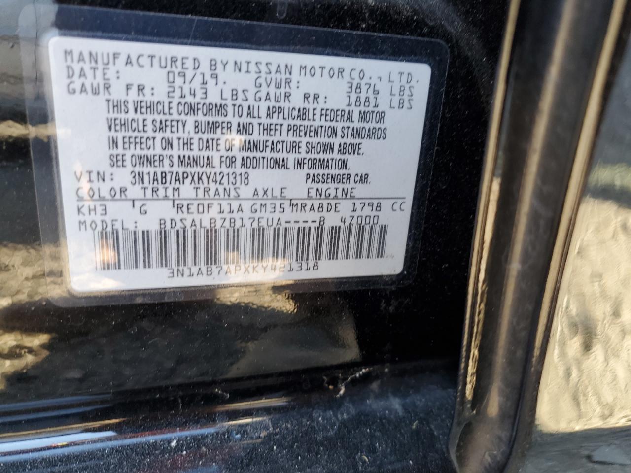 3N1AB7APXKY421318 2019 Nissan Sentra S