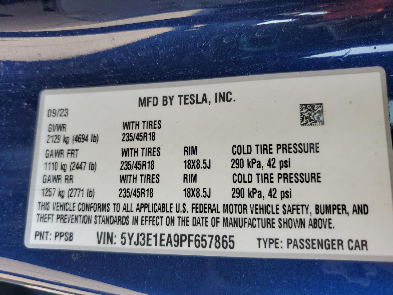 5YJ3E1EA9PF657865 2023 Tesla Model 3