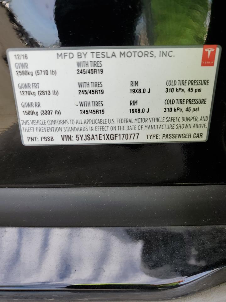 2016 Tesla Model S VIN: 5YJSA1E1XGF170777 Lot: 78289024