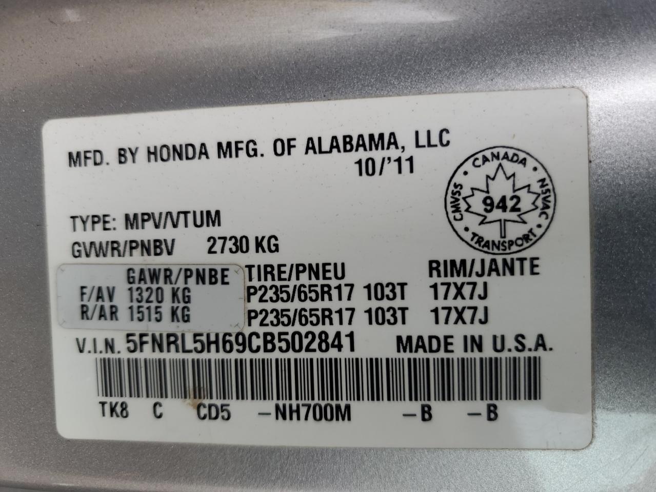 2012 Honda Odyssey Exl VIN: 5FNRL5H69CB502841 Lot: 77620294