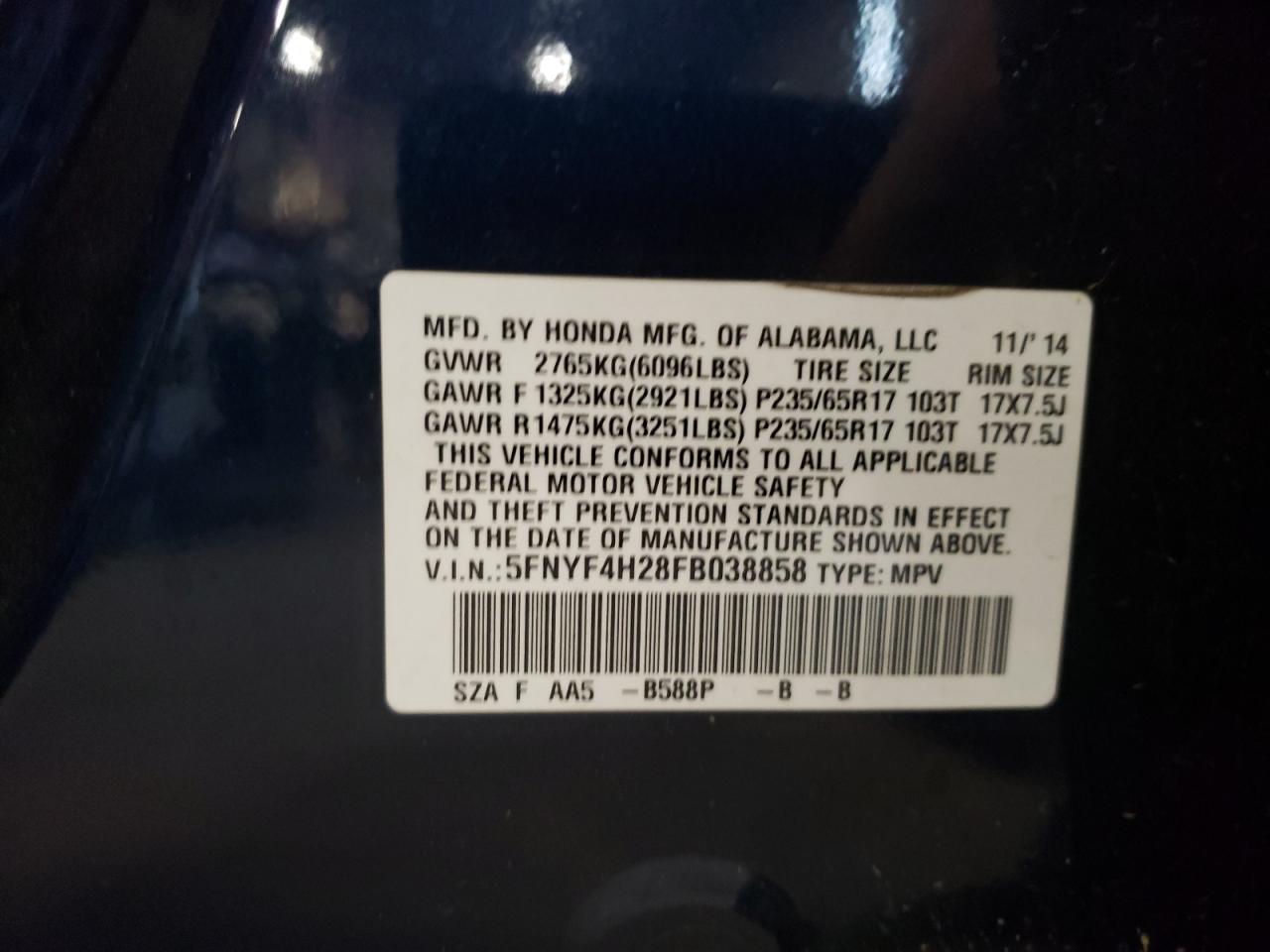 5FNYF4H28FB038858 2015 Honda Pilot Lx