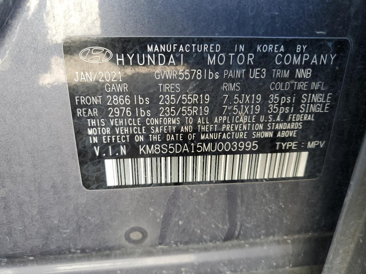 KM8S5DA15MU003995 2021 Hyundai Santa Fe Limited