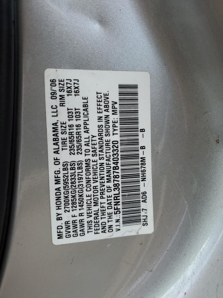 2007 Honda Odyssey Exl VIN: 5FNRL38787B403320 Lot: 73730234