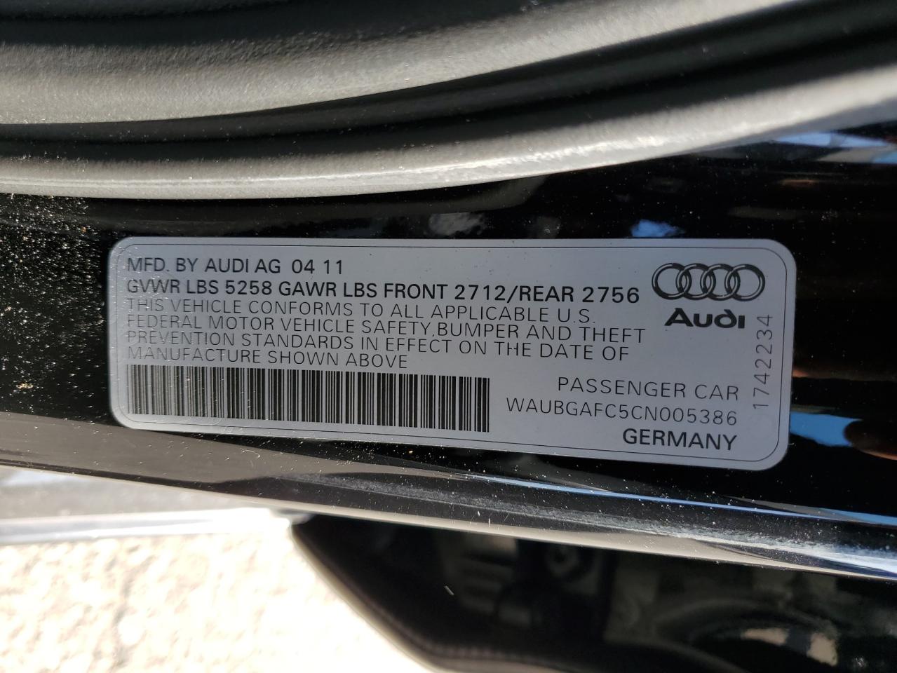 2012 Audi A6 VIN: WAUBGAFC5CN005386 Lot: 73377264