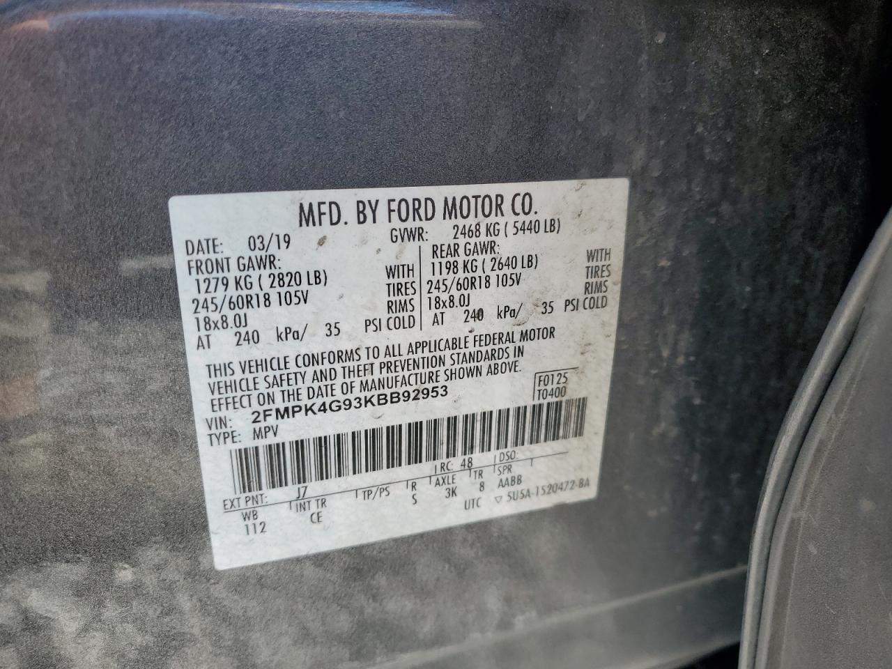 2FMPK4G93KBB92953 2019 Ford Edge Se