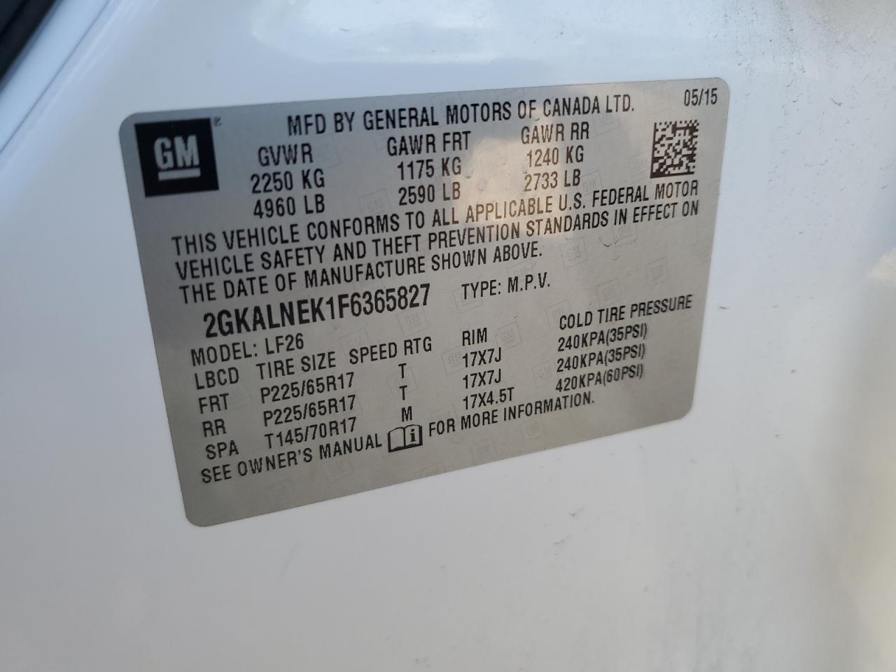 2015 GMC Terrain Sl VIN: 2GKALNEK1F6365827 Lot: 74572194