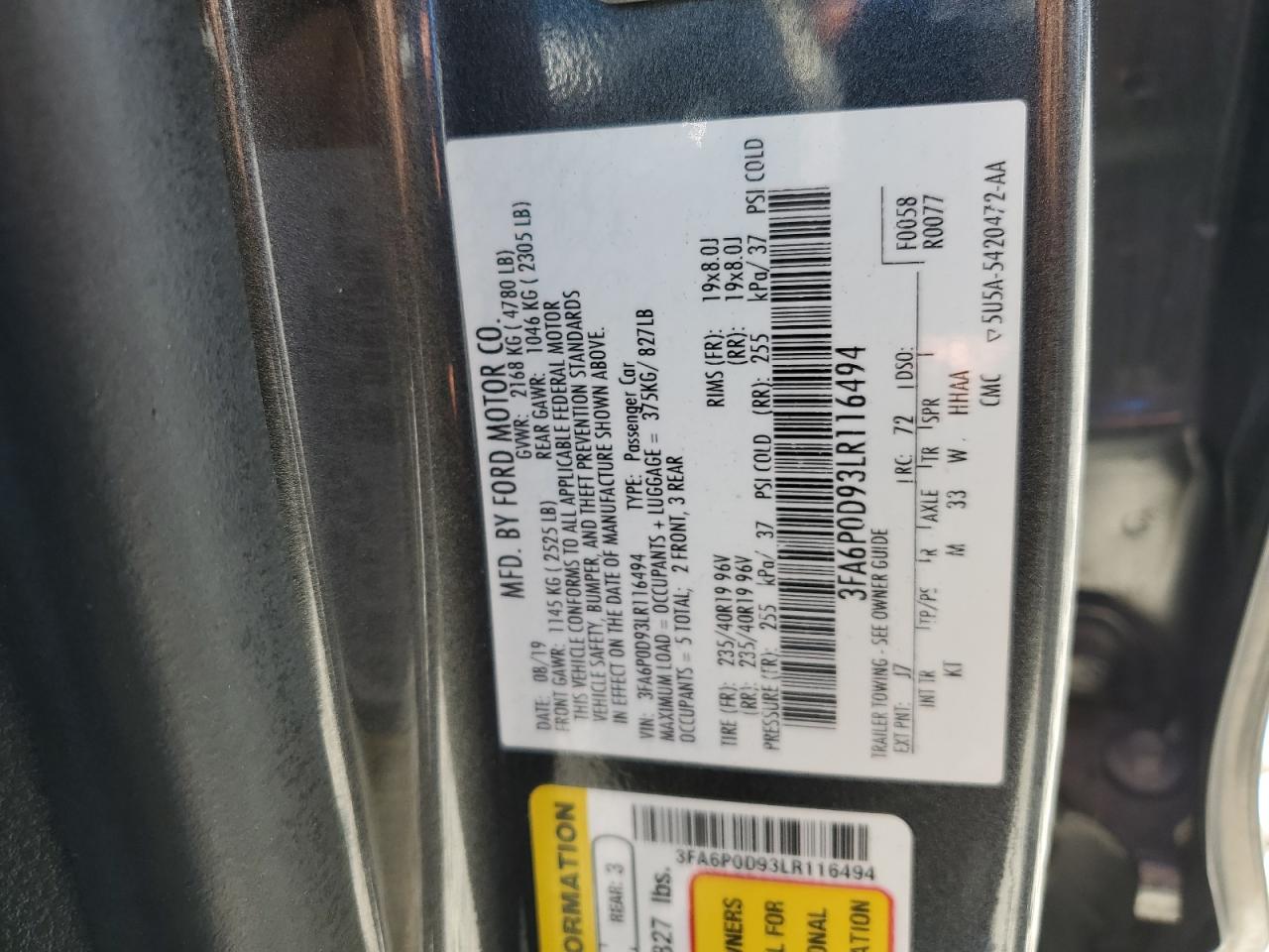 3FA6P0D93LR116494 2020 Ford Fusion Titanium