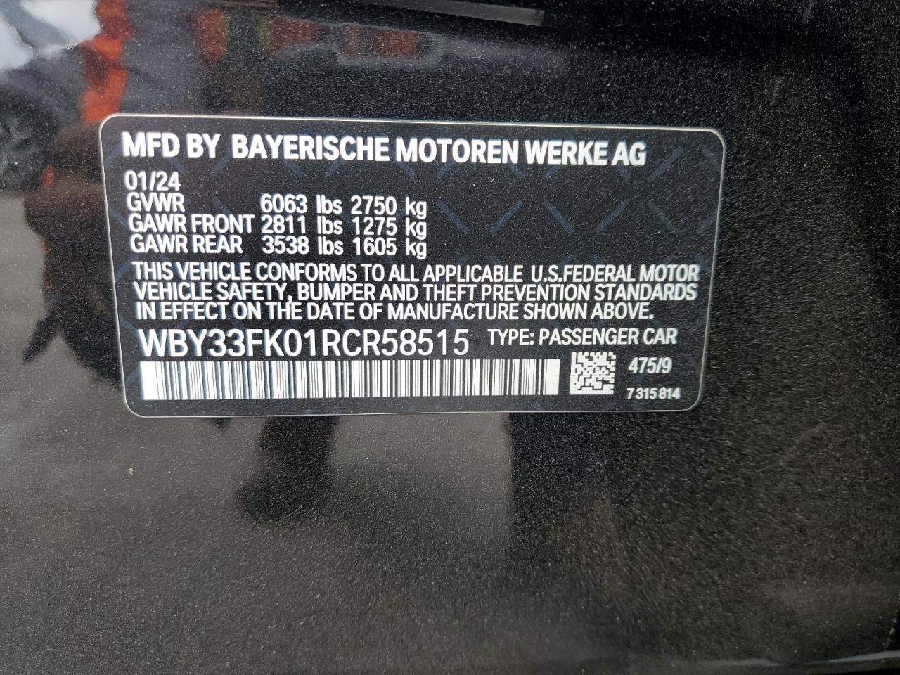 2024 BMW I5 Edrive 40 VIN: WBY33FK01RCR58515 Lot: 76064474