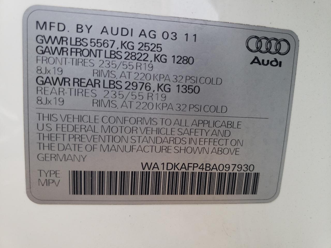 2011 Audi Q5 Premium Plus VIN: WA1DKAFP4BA097930 Lot: 78041184